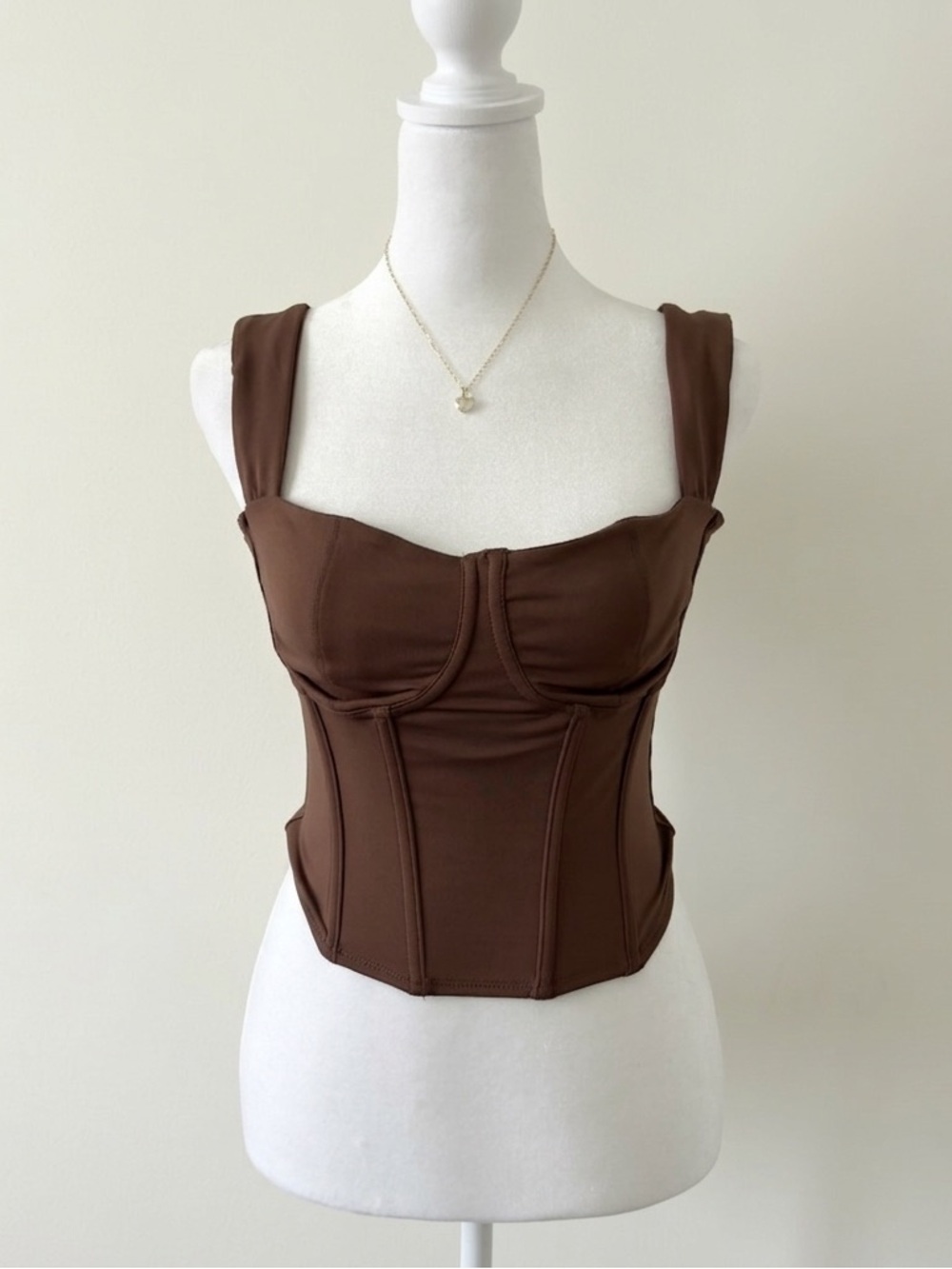 ReoRia Chocolate Brown Corset Bustier Crop Top Structured Wide Strap Fitted Top